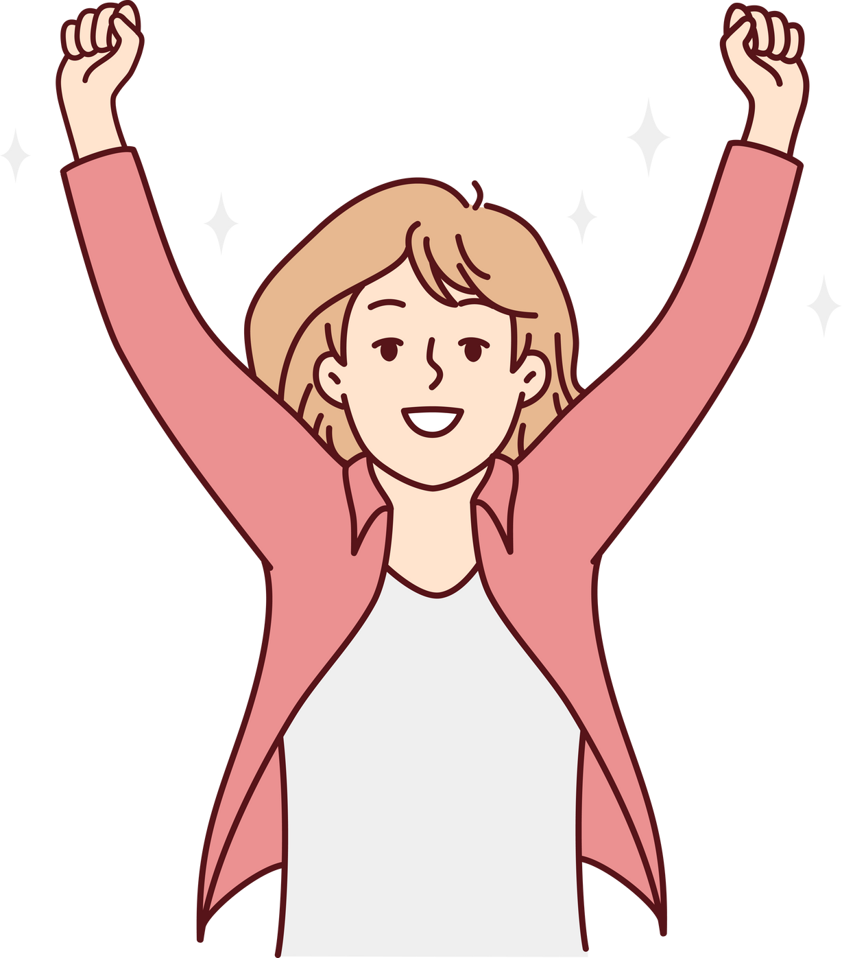 Smiling woman raise hands celebrate win