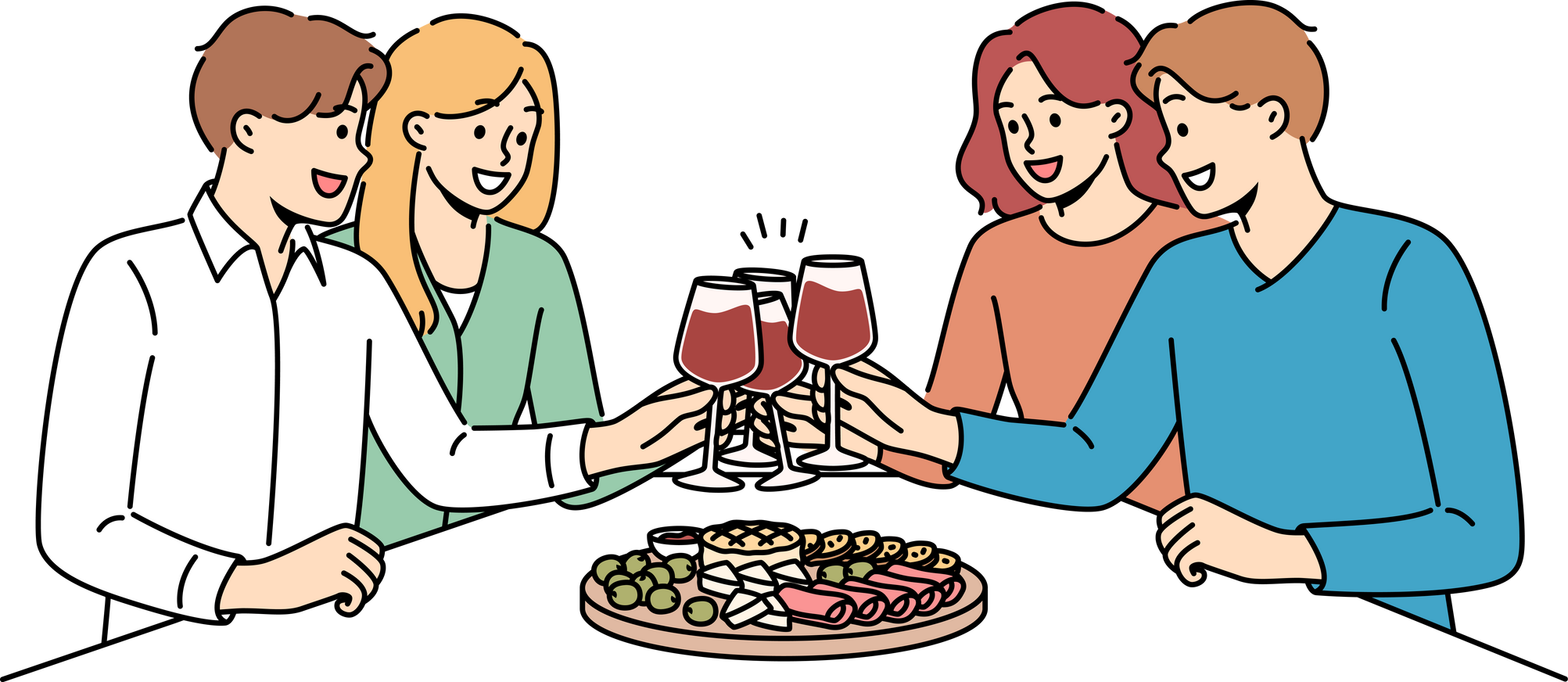 People drink wine with friends and eat snacks during friday night party in restaurant