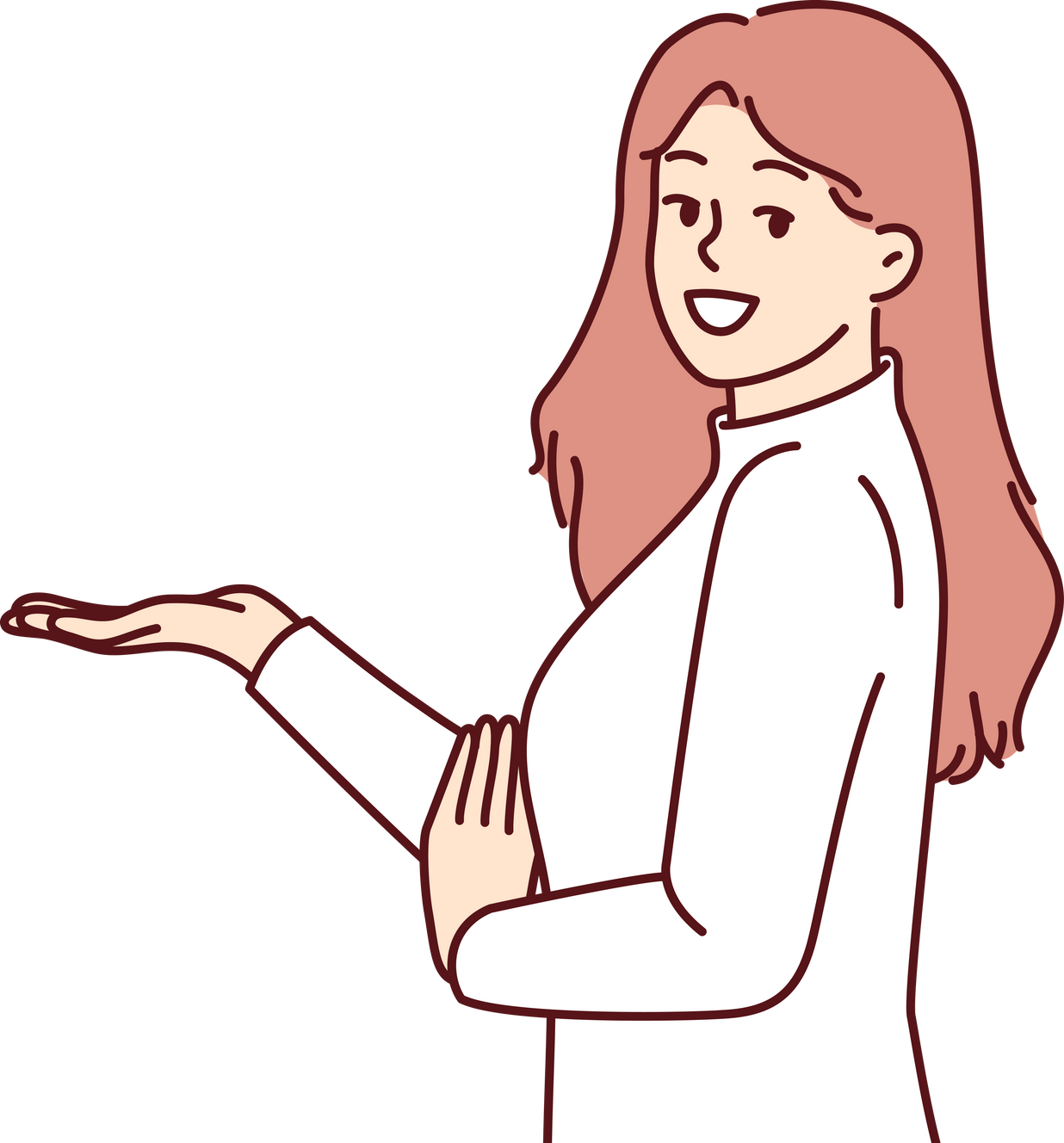Woman promoter stretches out hand with raised palm to present new product or discount card