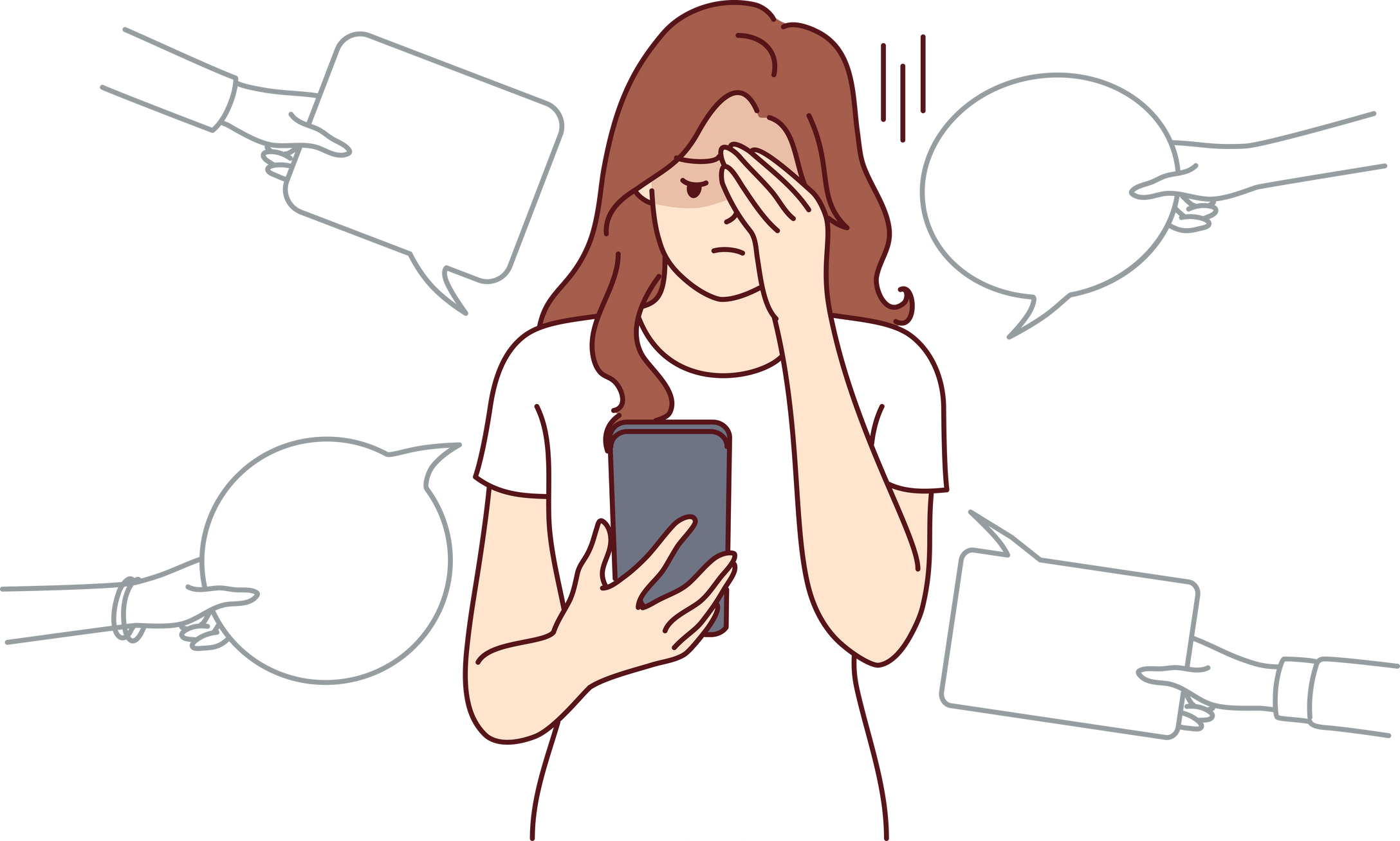 Upset woman with phone suffers from  and hate in internet, receiving offensive messages